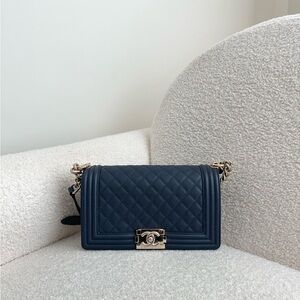 Authentic Chanel Medium Leboy Navy Caviar GHW Series 29